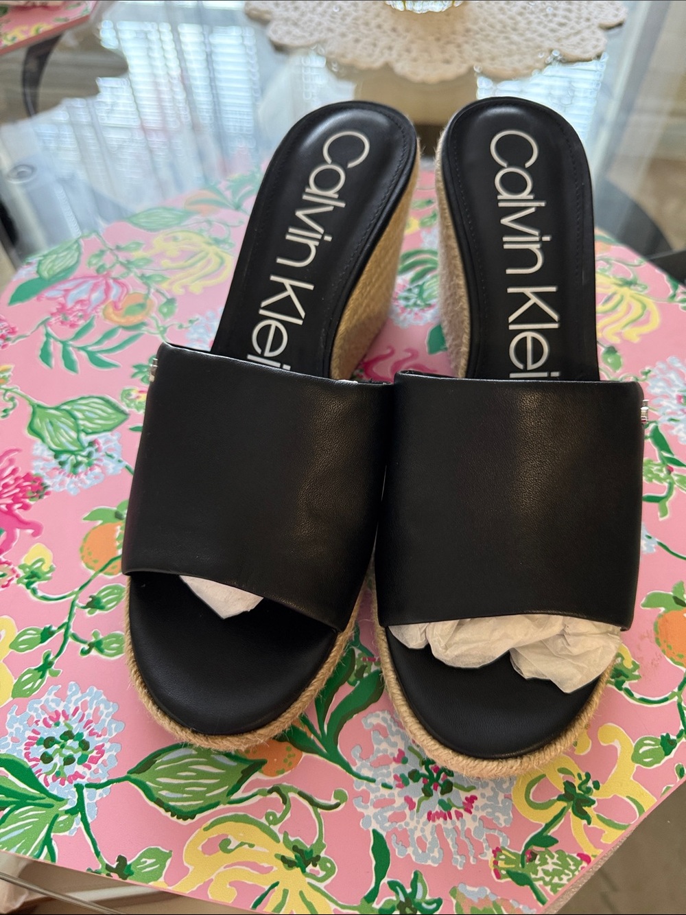 Calvin Klein Black Leather Wedge Slide Espadrille